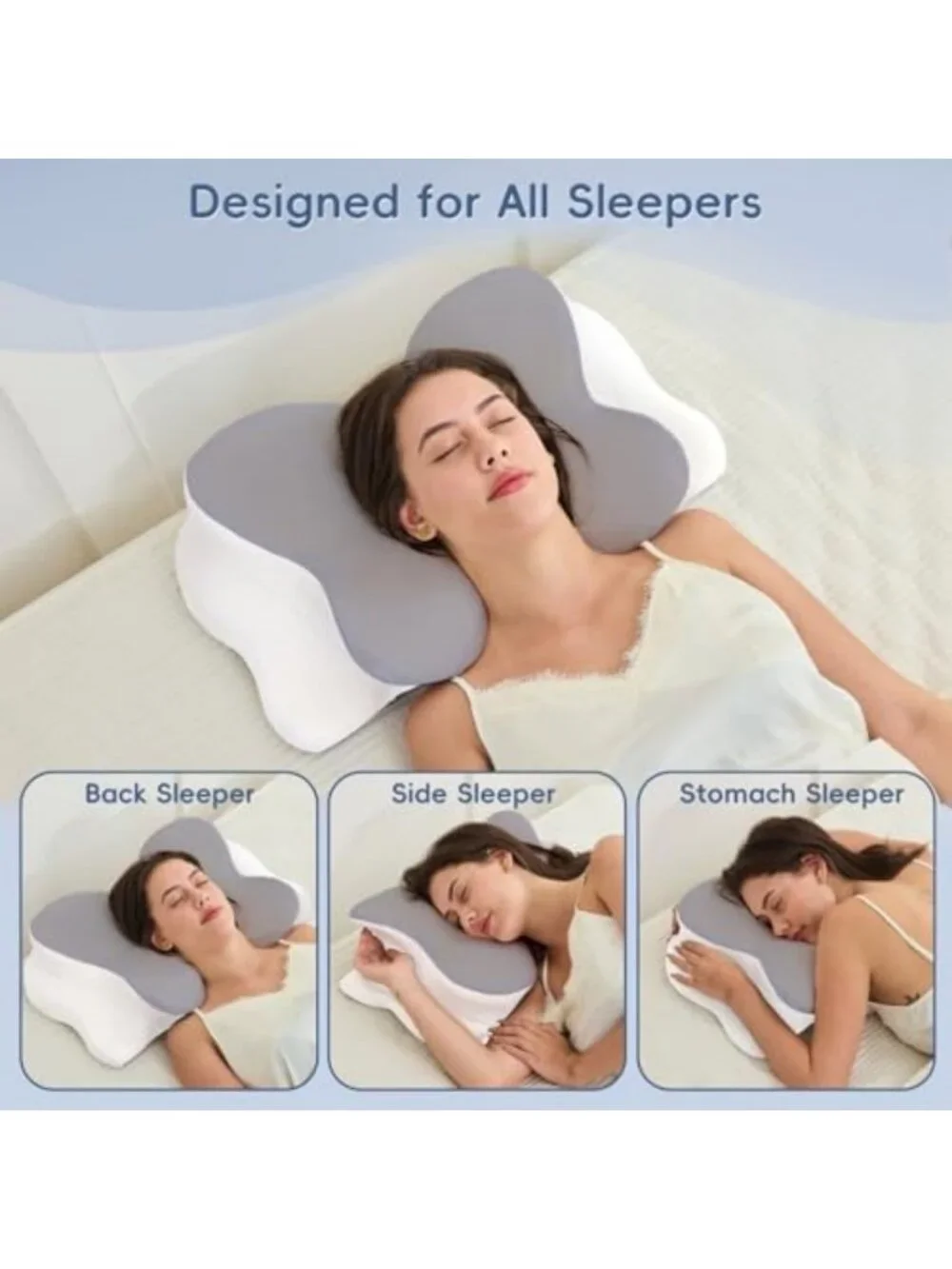 Memory Foam Cervical Neck Pillow with Dual Height Support - Grey Comfort